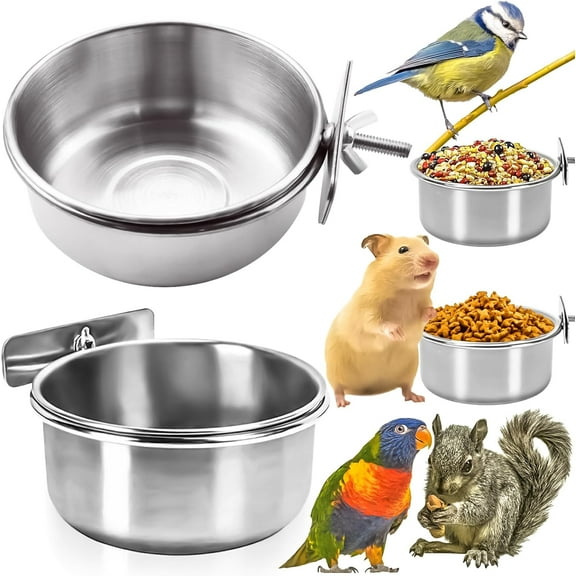 2PCS Stainless Steel Non-Spill Cage Mounted Food & Water Bowl for Bird, Silver, Clamp Holder with Spoon for Parakeet African Greys Conure Cockatiels Lovebird Budgie Chinchilla
