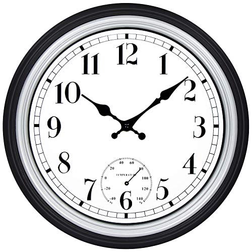 45min 12 Inch Indoor Outdoor Retro Round Waterproof Wall Clock With Thermometer Silent Non Ticking Battery Operated Quality Quartz Home Patio Decor Silver Com Wall Clock Home Patio Decor Silver, Indoor Outdoor Wall Clock