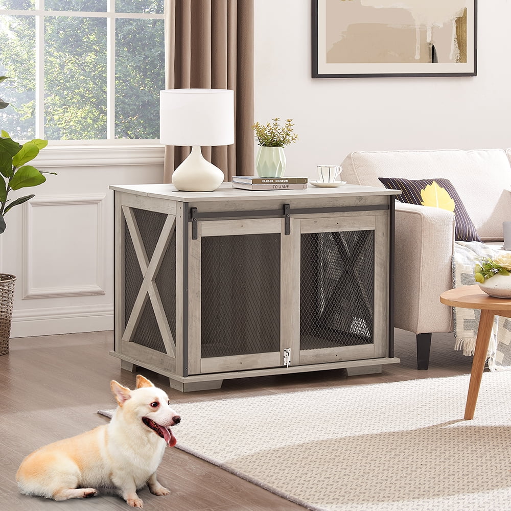 Resenkos Dog House, Pet House,Dog Cave,Farmhouse Dog Cage Crate Furniture with Sliding Barn Door, Farmhouse Wooden Dog Kennel End Table,Gray