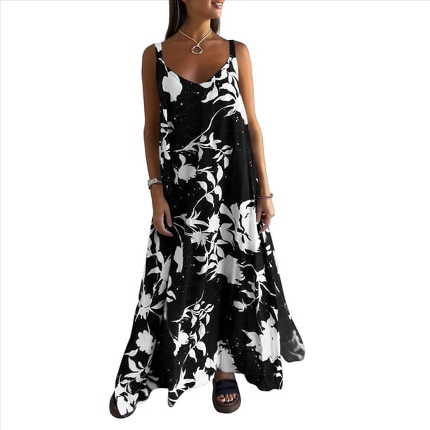 Vestido Bohemio de Verano con Tirantes Finos, Sin Mangas y Cuello en V para Mujer, con Estampado Floral, para Vacaciones, Color Negro, Talla XXXL