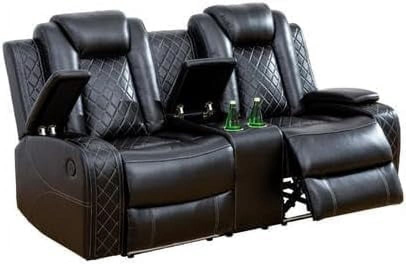 PonLiving Power Leather Recliner Loveseat with LED Lights,with USB Port/Storage Console/Cup Holders. Black