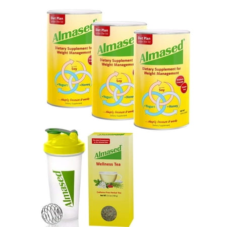 Almased Meal Replacement Shakes -Soy Protein Powder for Weight Loss - Shake for Meal Replacement - Gluten Free, No Sugar Added (3 Pack + Free Blender Bottle+ Almased Wellness (Best Way To Add Weight)