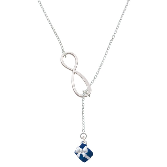 Delight Jewelry Silvertone Small 3-D Blue Present Box with Bow Silver tone Elegant Infinity Lariat Necklace