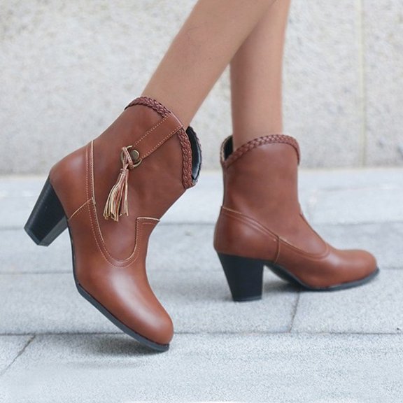 Tejiojio Fall Clearance Women's Ladies Fashion Casual Square Heels Long Ankle Boots Slip On Shoes