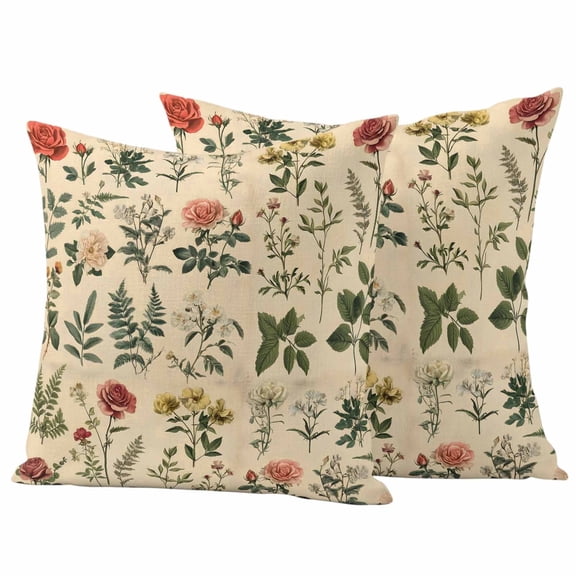 2 Pack Outdoor Waterproof Throw Pillow Covers,Vintage Rose Flower Leaf Herb Decorative Square Patio Pillowcases for Chair Couch Sofa 16x16in