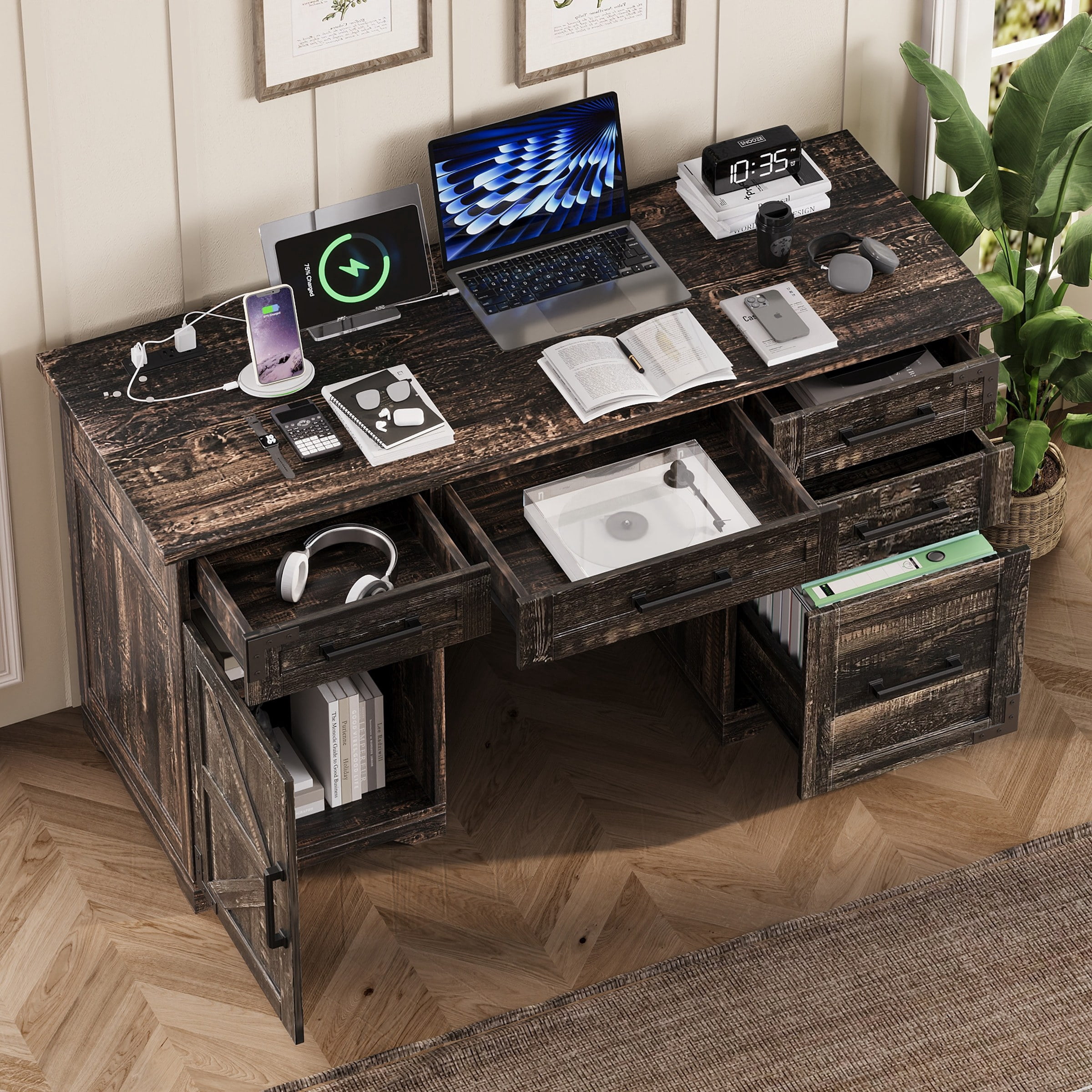 Astoutdoor 55" Farmhouse Executive Desk with Charging Station & Power Outlet, Home Office Computer Desk with 5 Drawers and Cabinet, Rustic Gray