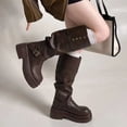 thumbnail image 2 of Women's Slouchy Knee High Boots Mid Calf Chunky Platform Boots Round Toe Riding Biker Boots with Adjustable Buckle Viking Gothic Faux Leather Shoes, 2 of 9