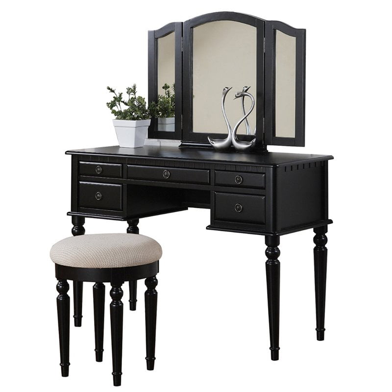 Bobkona St Croix 3 Fold Mirror Vanity, Small Black Vanity Desk