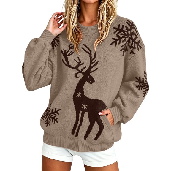 Graphic Sweaters for Women Cute Deer Pattern Comfort with Pockets Fall Outfits for Women Knit Sweater Long Sleeve Crewneck Pullover Loose Fit Casual Fashion Clothing Winter Clothes