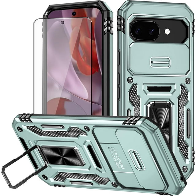 KOMI for Google Pixel 9a Case with Screen Protector and with Camera Cover, 360°Military Grade Rotatable Kickstand (Heavy Duty) Shockproof Protective, Case for Google Pixel 9a Dark Green
