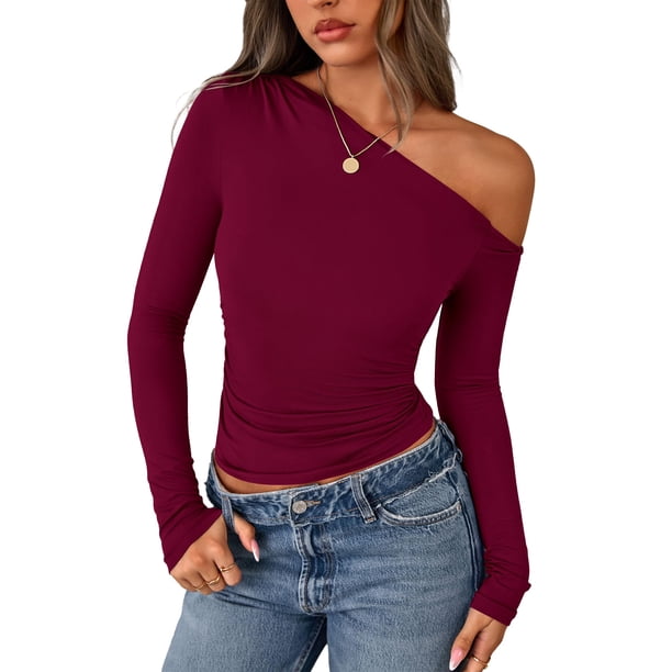 Remera PRETTYGARDEN Mujer Manga Larga Burdeos Escote Hombros Descubiertos Talle S