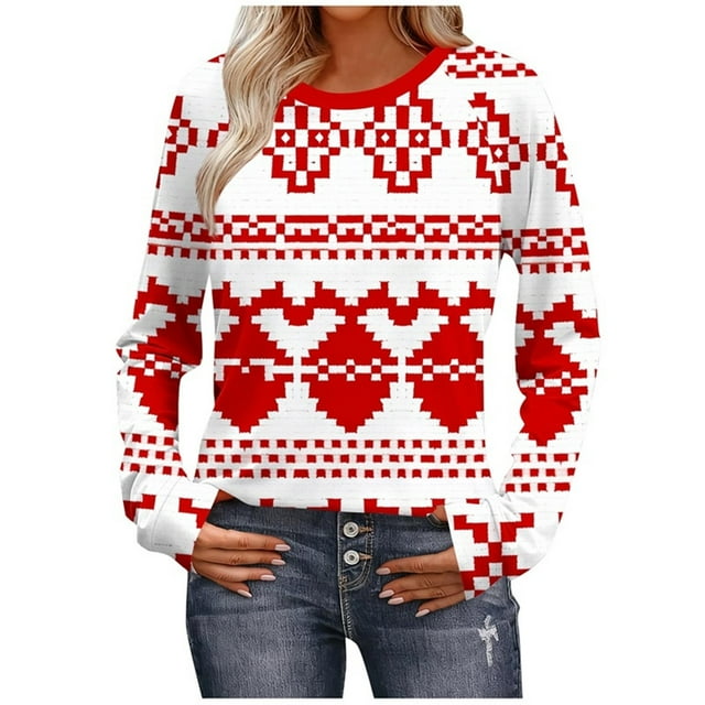 Chemises de Noël pour Femmes Chemise de Noël Imprimée à Manches Longues Col Rond Décontracté Haut Léger Hauts de Noël pour Femmes