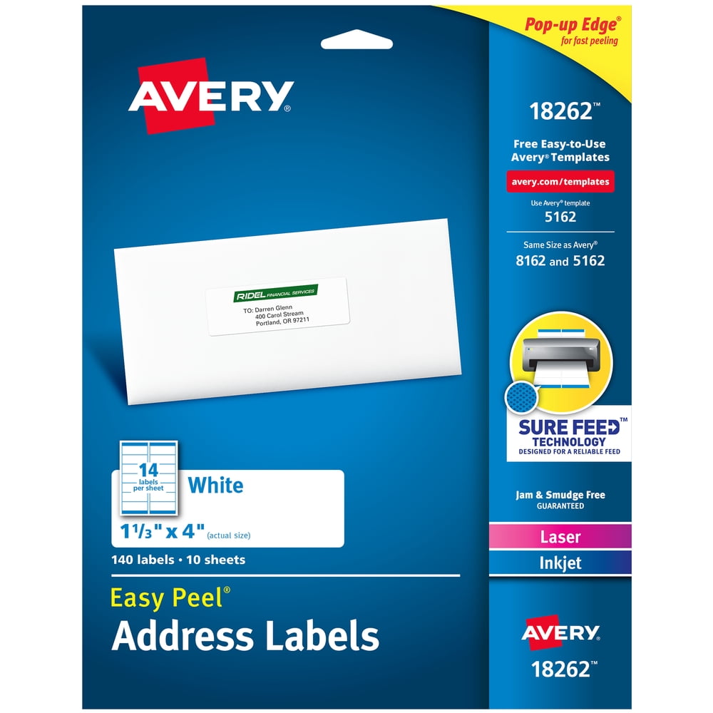Avery Address Labels, 11/3" x 4", Easy Peel, White, 140 Labels (18262