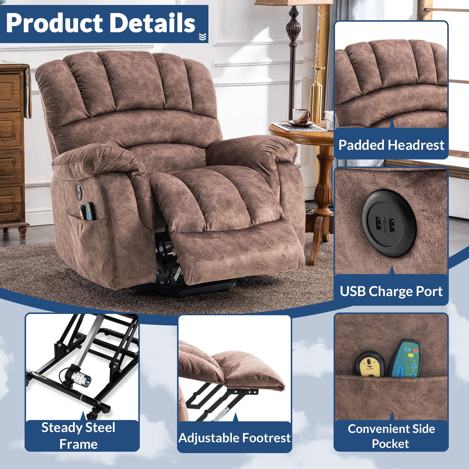 SOCIALCOMFY Large Power Electric Lift Recliner Chair for Elderly Big People, Heated Massage Motorized Reclining Sofa, Wide Soft Fabric Recliners with 2 Remote Controls, Side Pockets & USB Ports, Brown