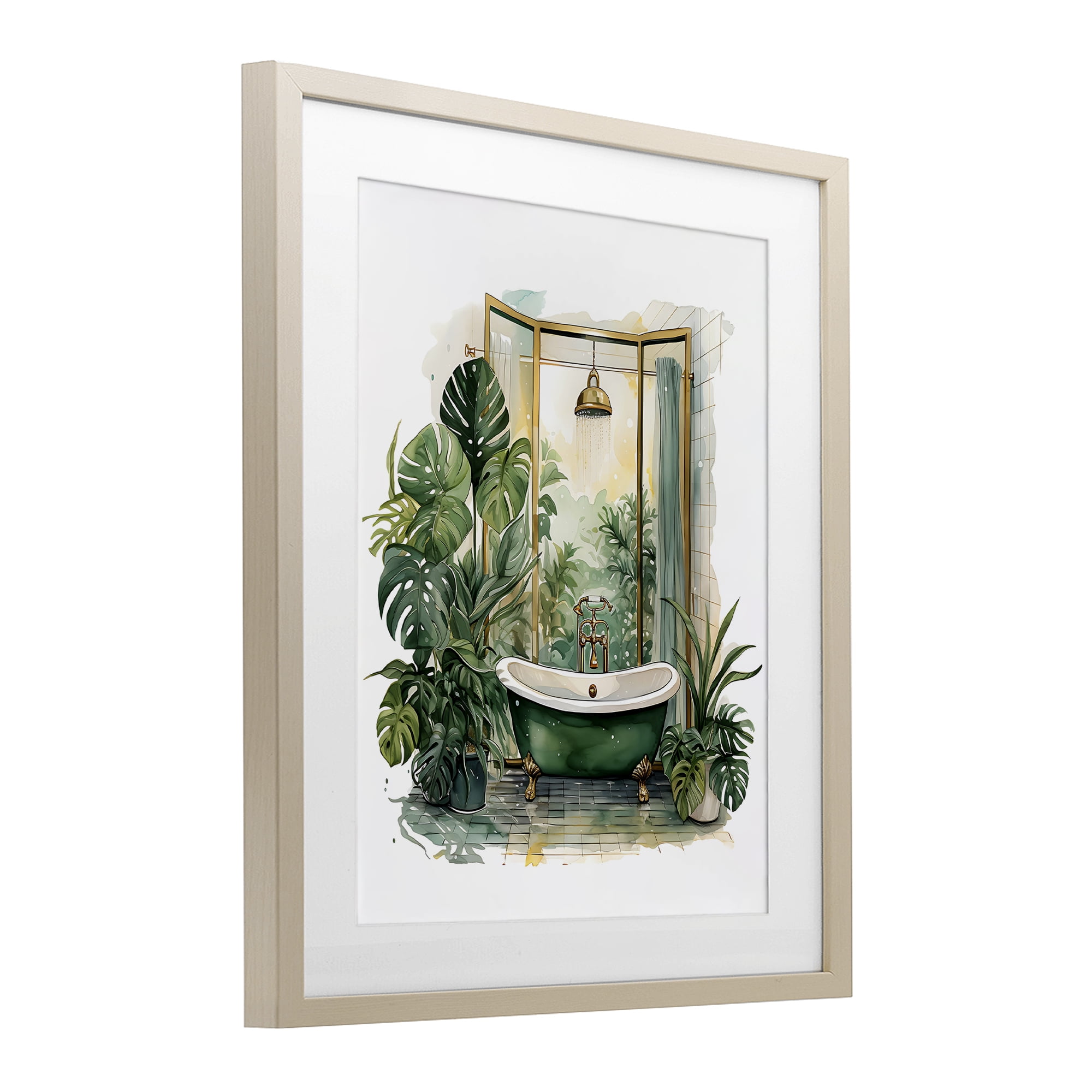 Bathtub in Tropical Oasis Birch Framed Print Under Glass, design by Lettered and Lined