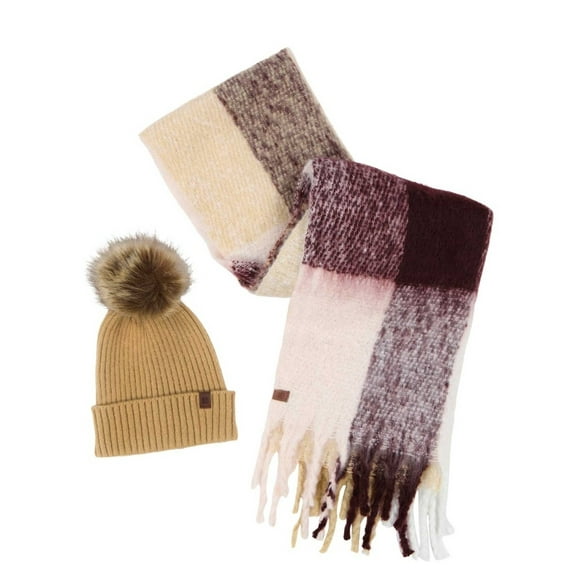 Lucky Brand Women's 2 Piece Hat & Scarf (Wine & Camel)
