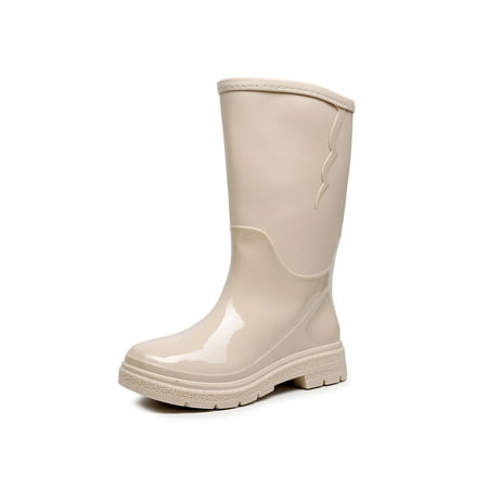 

Tenmix Ladies Rain Boots Lightweight Rubber Boot Wide-Calf Garden Shoes Slip Resistant Waterproof Booties Wet Weather Pull On Breathable Mid Calf Bootie Beige 7