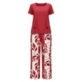 thumbnail image 7 of Guluxicc 2 Piece Women's Outfit Sets Crew Neck Short Sleeve Double Layer Hem Top Leaf Print Wide Leg Pants, 7 of 7