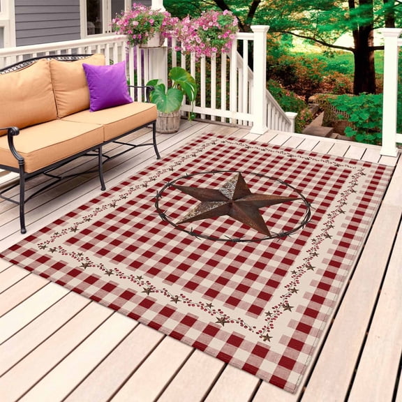 Farmhouse Outdoor Rug for Patio/Deck/Porch, Non-Slip Large Area Rug 5 x 7 Ft, Vintage Star Retro Rustic Checked Grid Lodge Indoor Outdoor Rugs Washable Area Rugs, Reversible Camping Rug Carpet Runner