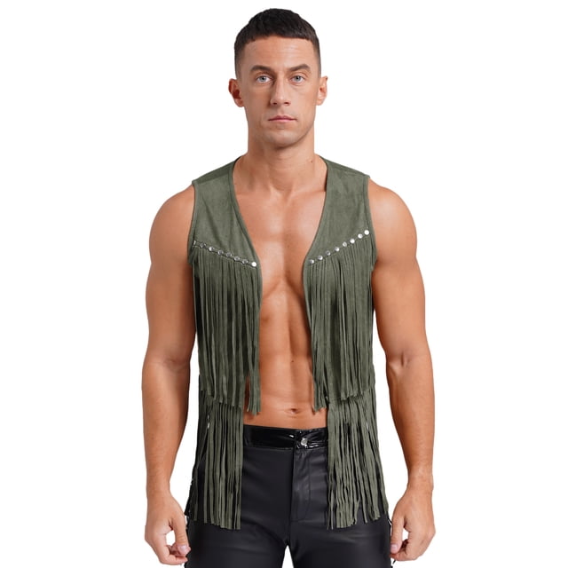 YONGHS Men's Vintage Faux Suede Open Front Vest Hippie Rivets Fringe Sleeveless Waistcoat Jacket Army Green M