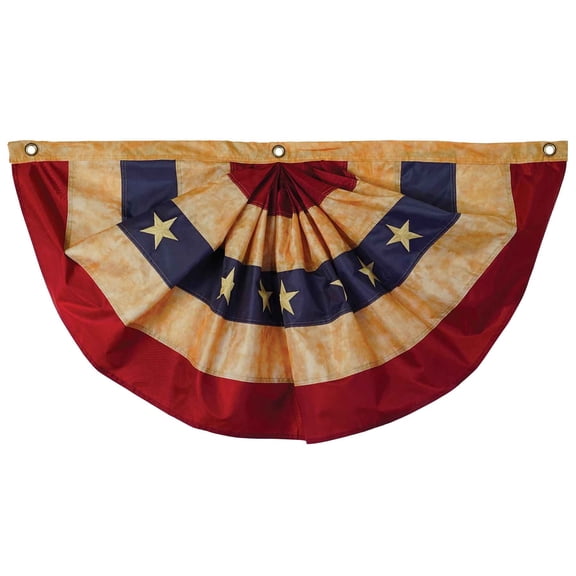 In the Breeze 3677 — Stars and Stripes Pleated Fan Bunting, Antiqued/Tea-Stained, 1.5' x 3' — Small Patriotic Outdoor Decoration