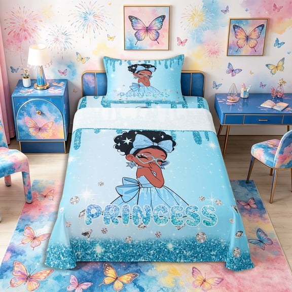 Castle Fairy Kwaii Bow Black Kawaii Princess Twin Sheets 3pcs,Glittery Diamond Background Bedding,Cyan Sky Silver,1 Fitted Sheet, 1 Flat Sheet and 1 Pillowcase