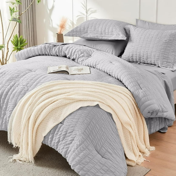 Queen Comforter Set Pieces Seersucker Bed in a Bag Bedding Set for All Seasons Soft and Comfortable Machine Washable