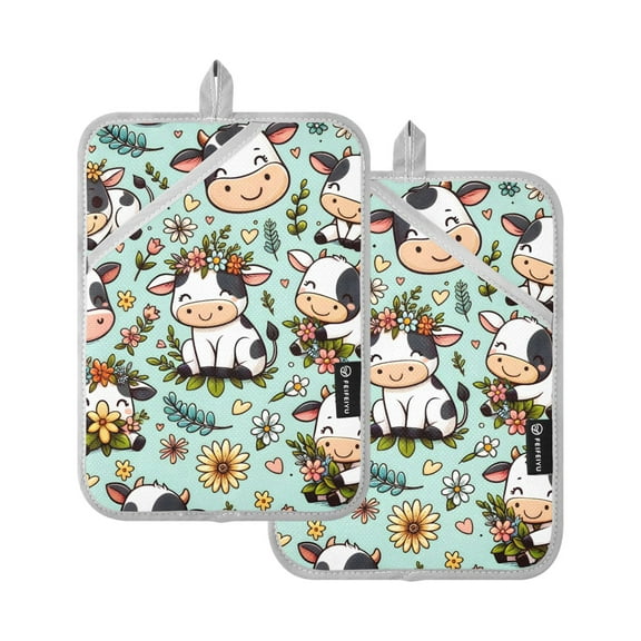 Pot Holders Set of 2 Heat Resistant 338℉ Kitchen Oven Gloves Potholder Cooking Baking Microwave Mitts Cute Cow with Flower