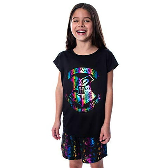 Harry Potter Girls' Hogwarts Rainbow Hologram Shirt and Shorts 2 Piece Pajama Set (7/8)