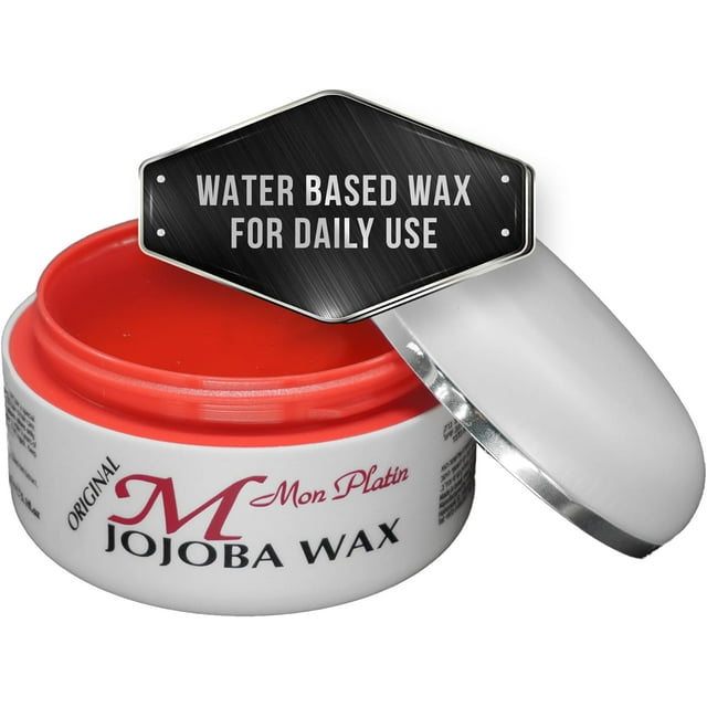 Mon Platin Jojoba Wax, 150 ml, in a white container with a red lid and silver cap. Designed for daily use, this water-based wax enriched with jojoba extract offers styling stability, a high sheen wet look, and scalp protection.