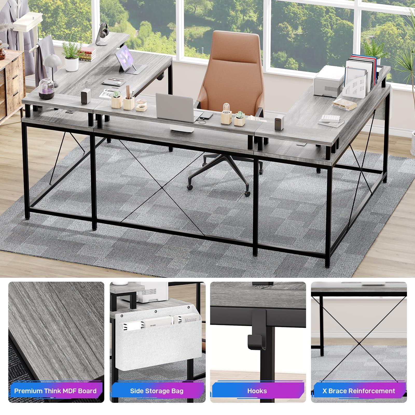 Maritcute U Shaped Computer Gaming Desk, Reversible L Shaped Desk with Power Outlets, LED Strip & Monitor Stand, Large Corner Desk with Storage Shelves for Home Office