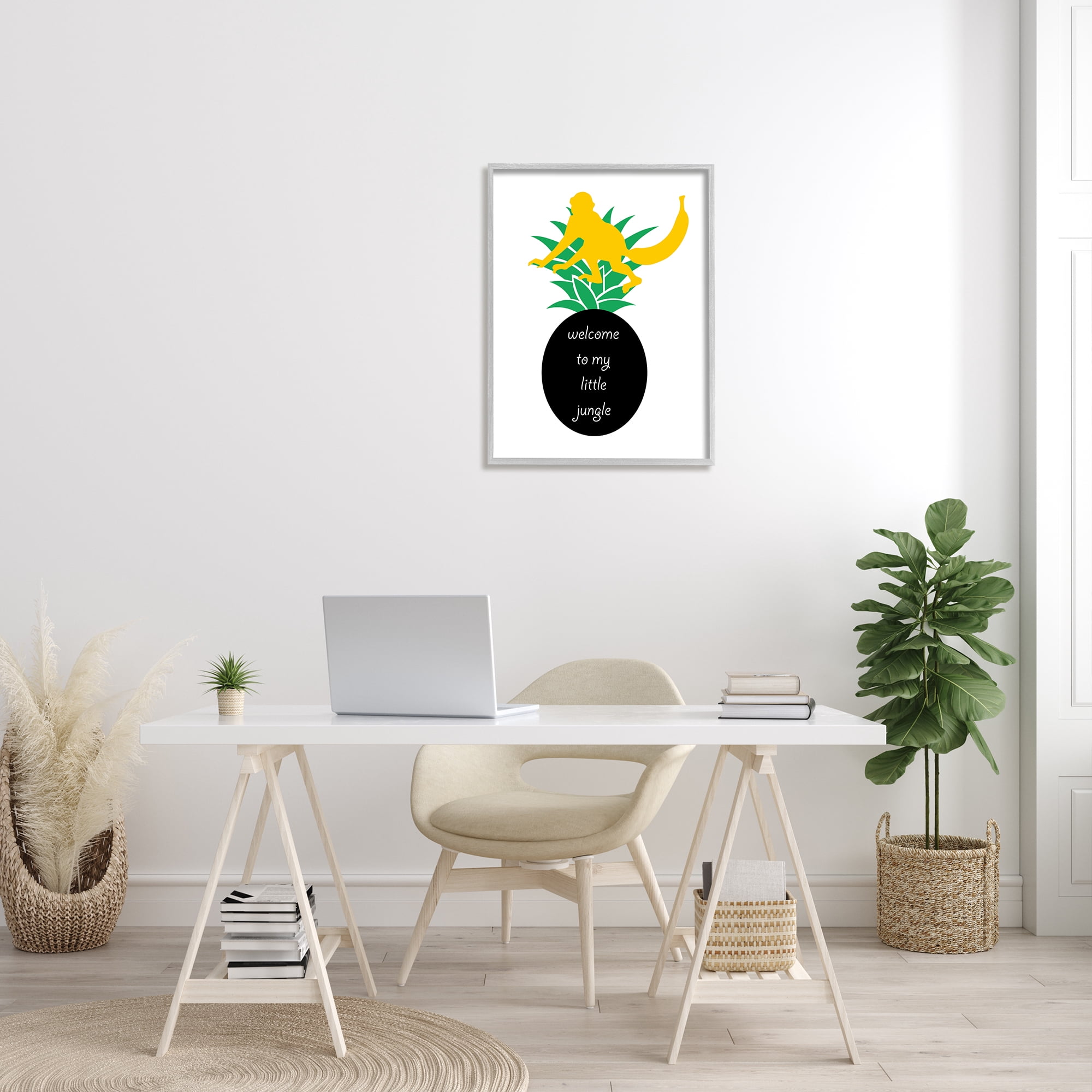 Stupell Industries Welcome To My Little Jungle Yellow Monkey Pineapple Animals & Insects Painting Gray Framed Art Print Wall Art, 24 x 30