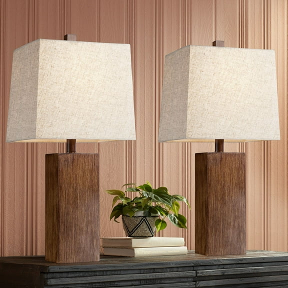 360 Lighting Modern Rustic Accent Table Lamps 23" High Set of 2 Faux Wood Rectangular Block Brown Tan Fabric Shade for Bedroom Living Room House Home