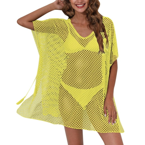 Gubotare Women's Plus Size Crochet Hollow Out Bathing Suit Bikini Swimwear Cover Up Dress Swim Beach Cover Ups,Yellow One Size