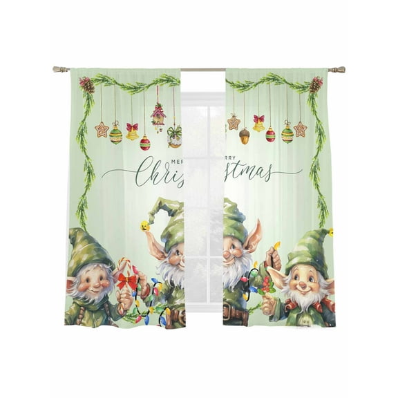 Christmas Green Sheer Curtains 2 Panels Set, Dwarf Elf Window Sheer Curtains for Living Room/Bedroom, Light Filtering Rod Pocket Voile Drapes, 52" W x 72" L