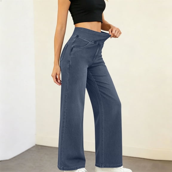 BUIGTTKLOP Jeans for Women High Waisted Denim Pants Stretchy Pull on Wide Leg Summer Trousers with Pockets