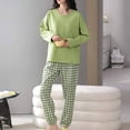 thumbnail image 2 of Savings 2 Piece Pajamas Sets for Women Long Sleeve Round Neck Stripes Casual Loose Tops with Pants Comfy Loungewear Sets Sleepwear Green,XL, 2 of 5