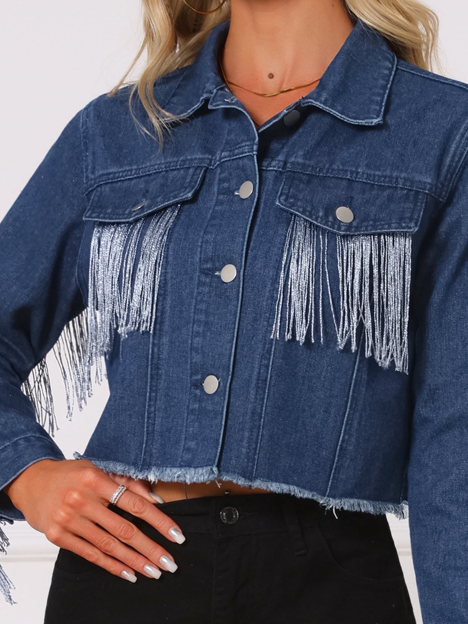 DARING DIVA Women's Cropped Jean Long Sleeve Frayed Tassel Fringe Denim Jacket L Blue