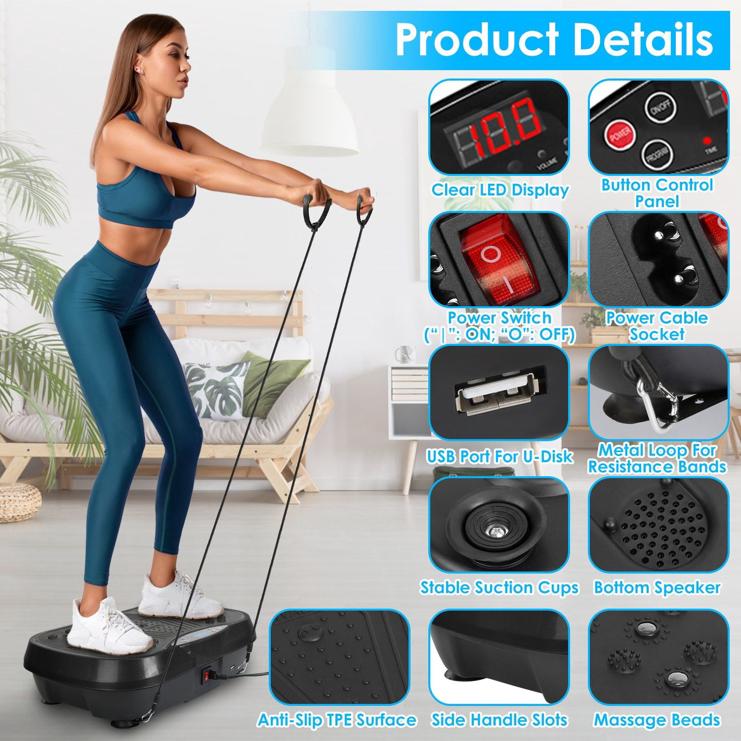 Vibration Exercise Machine With Resistant Bands Remote Control Whole Body Vibration Platform Workout Equipment Home Fitness Training Equipment For Weight Loss Fat Burner