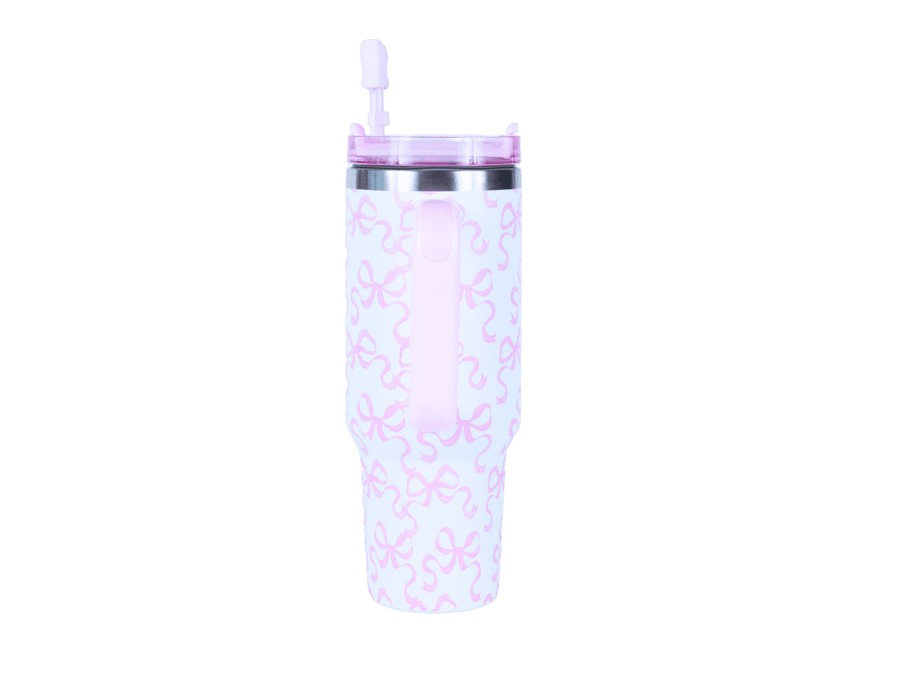 Hi Peach Layne Pink Bow Tumbler 40oz with Straw, Handle, & 30g Bath Bomb Inside, Limited Edition