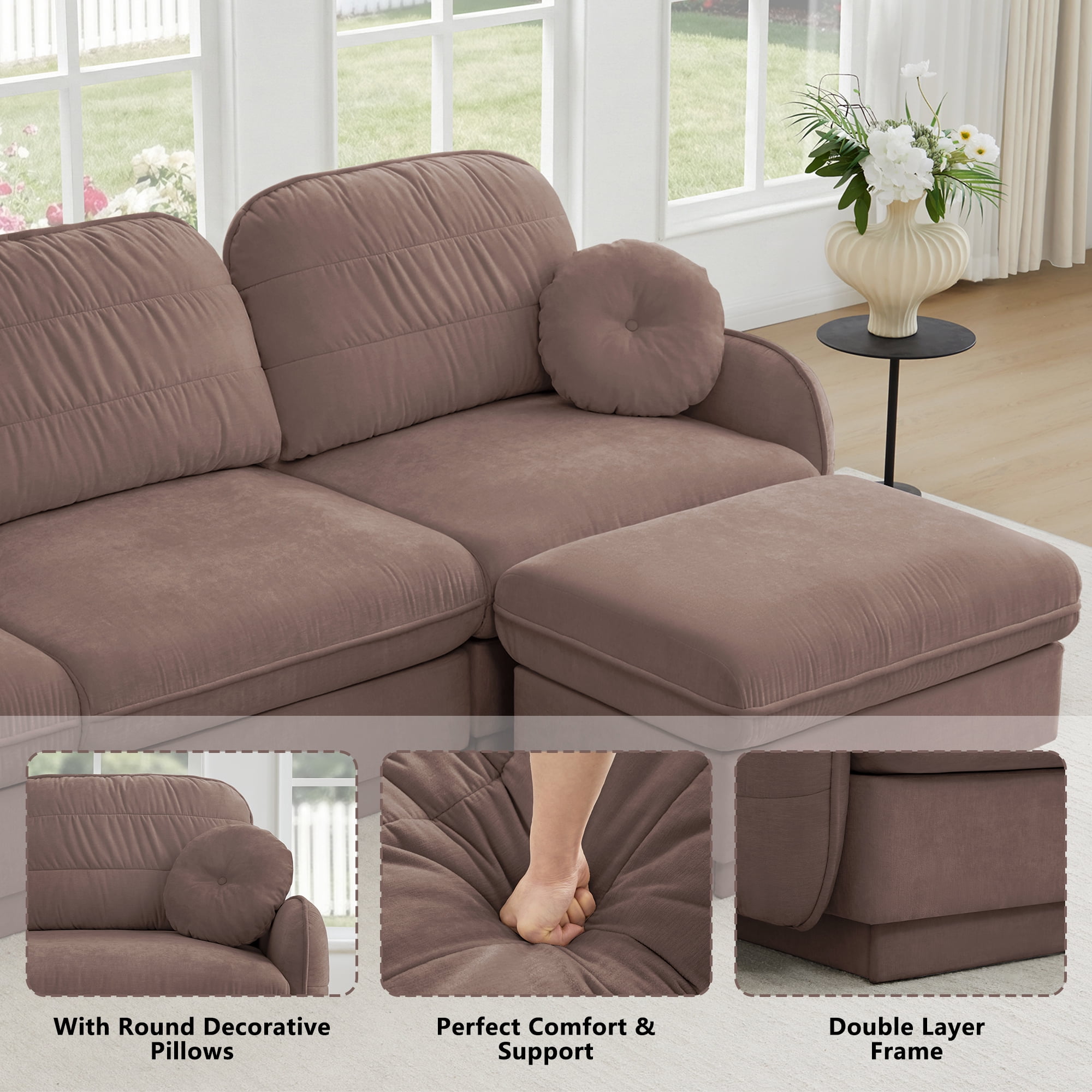 Mintazer 105" Chenille Cloud 3-Seater Modular Sectional Sofa with Movable Ottoman & Round Pillows, L-Shaped Ergonomic Sofa Couch for Living Room, Apartment, Rose Dust