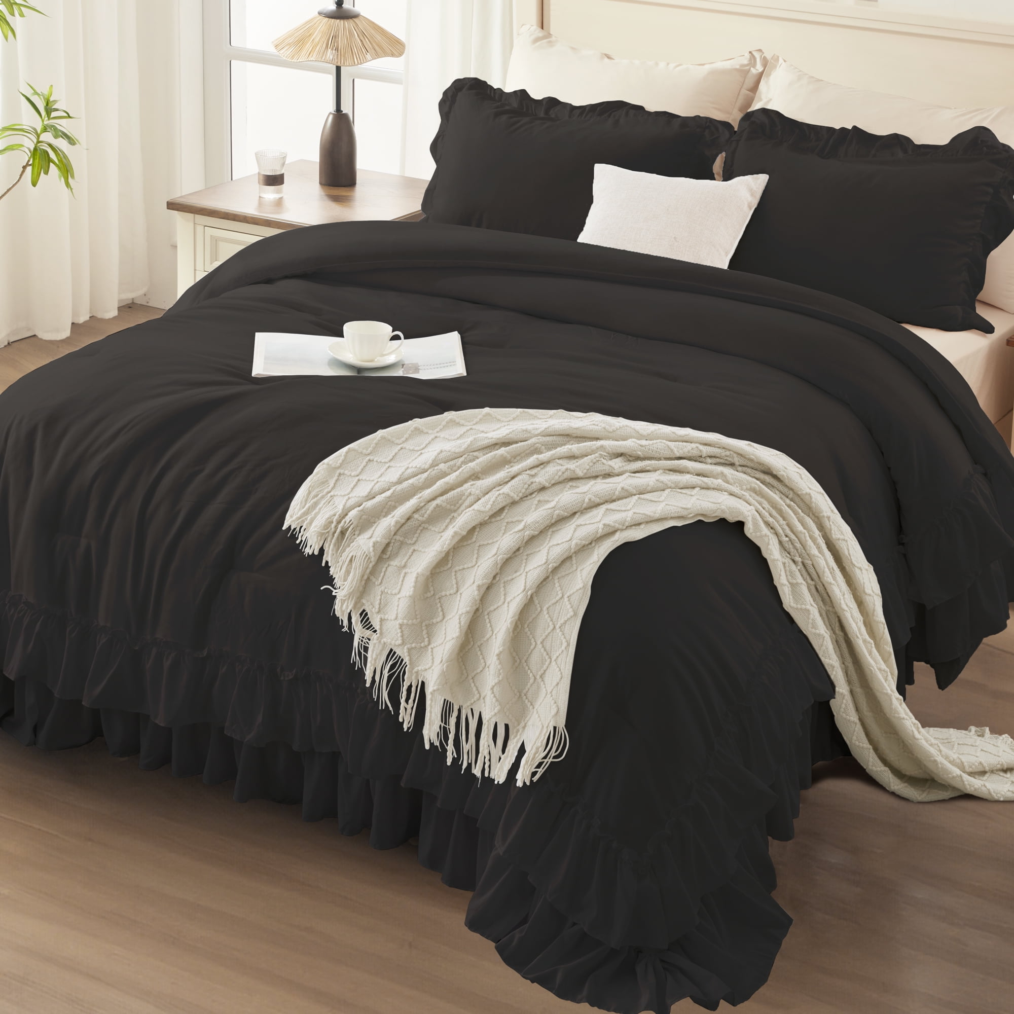 ANGENIA King Size Comforter Set Black, 3 Pieces Farmhouse Shabby Chic Ruffle Bedding, All Season Lightweight Fluffy Soft Bed Comforter Set