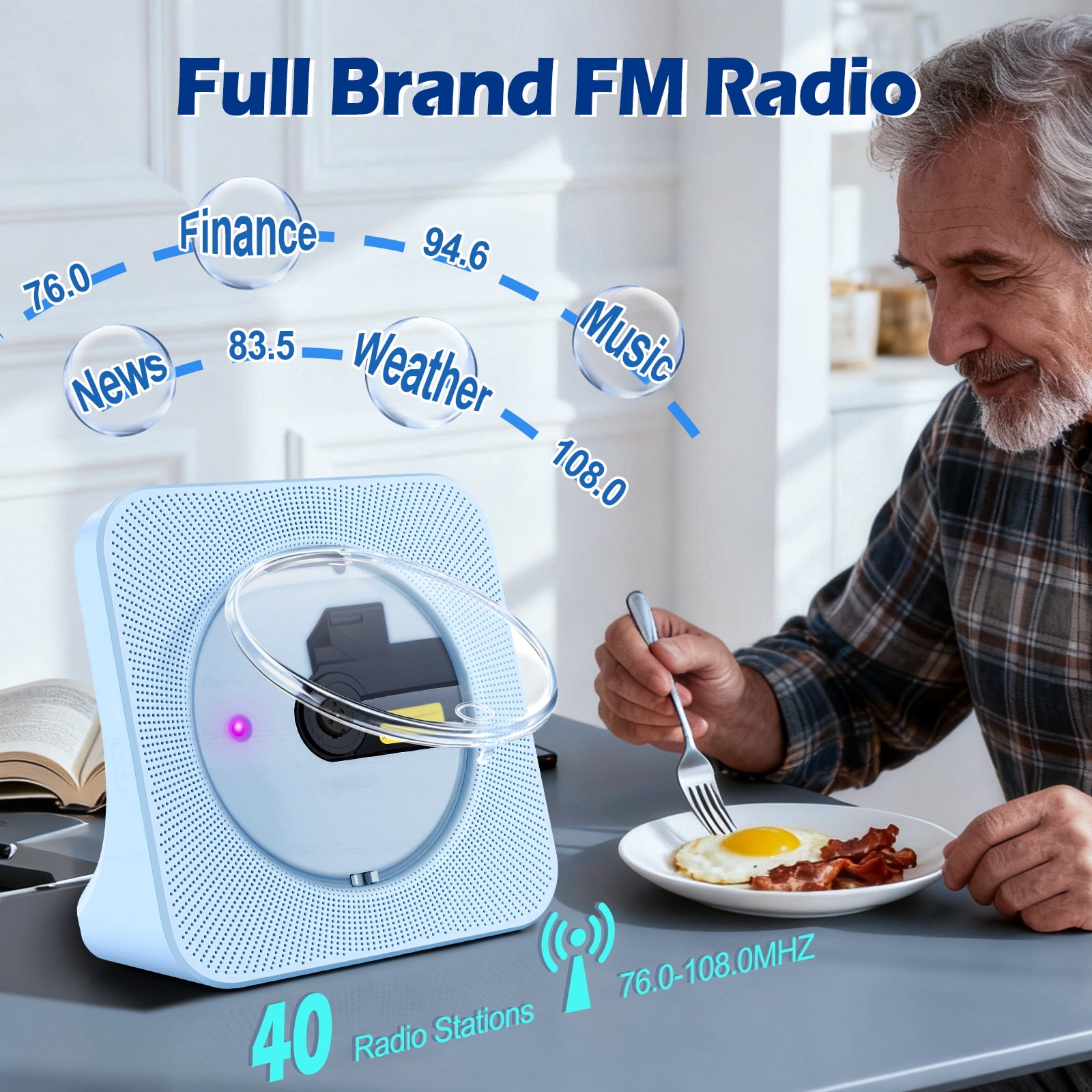 Blue Desktop CD Player for Home Portable CD Player with Bluetooth Support CD/Bluetooth/FM Radio/USB/AUX, Small HiFi Speakers with  Remote Control