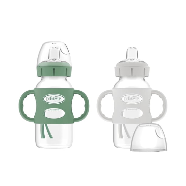 Botella de Cuello Ancho Dr. Brown's Verde y Gris con Boquilla Suave y Asas de Silicona 6 m+ Paquete