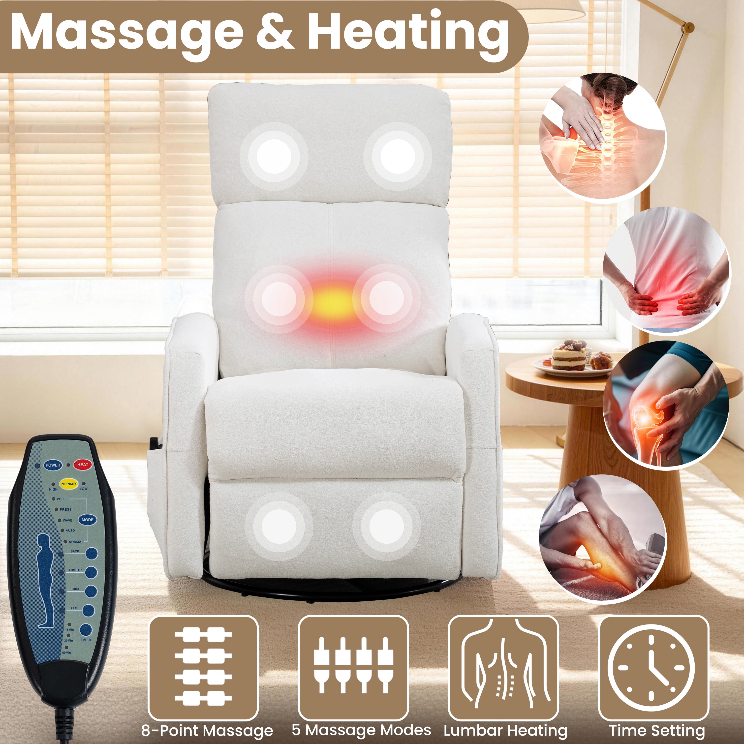 Rocker Recliner with Heat and Massage, LEGAHOME Velvet Upholstered 360° Swivel Rocking Recliner, Small Rocker Recliner with Side Pockets for Small Space, Manual Rocking Chair for Nursery, Beige