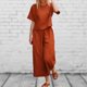 thumbnail image 1 of Pantalones Top básico de lino Pantalones recortados Cuello redondo Color sólido Manga corta Traje de vacaciones Cgtredaw Naranja T M para Mujer, 1 of 7