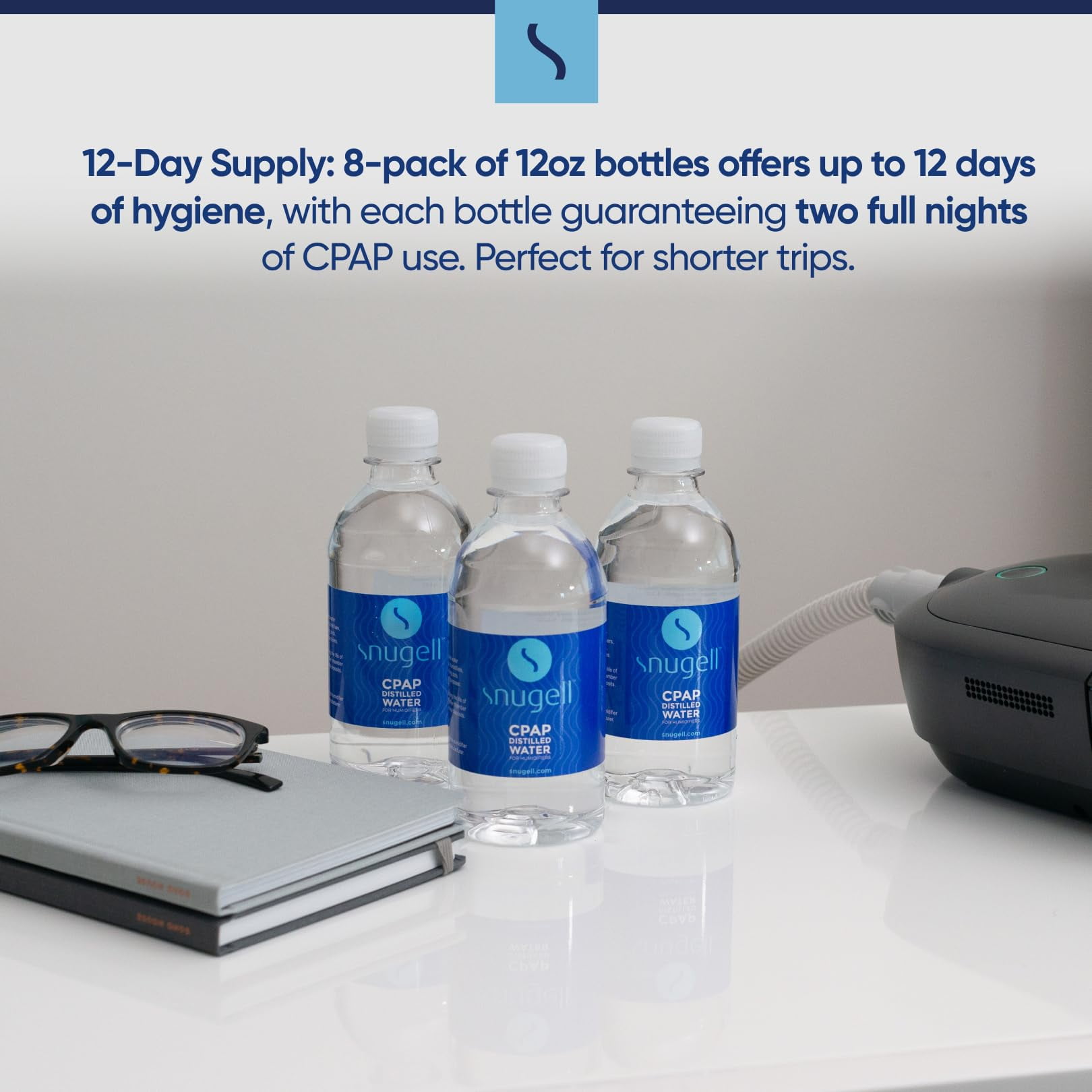 Distilled Water for CPAP Machines by Snugell (8-Pack, 12 oz) – Up to 12 Days Supply – Compact, Travel-Friendly, Clean and Multi-Use