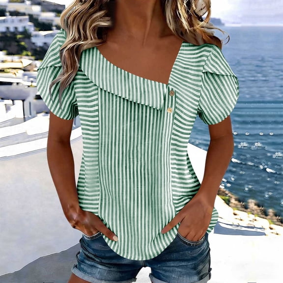 Ayolanni Casual Blouses for Women Outdoor V-Neck Short Sleeve Striped Blouse Puff Tunic Button Down Fitted Shirts Summer Tops for Women Green L