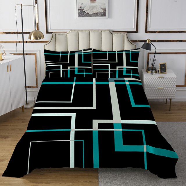 YST Abstract Square Twin Coverlet Set Black and Turqoise Bedding Set, Rectangle Minimalist Bedspread Set Modern Geometric Quilt Set for Boys Girls, Contemporary Aesthetic Bed Quilt