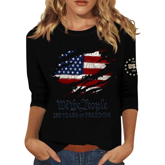 Women's 250th America Anniversary Casual Printed Crew Neck T-Shirt USA Flag Tee 250 Years of Freedom Shirt